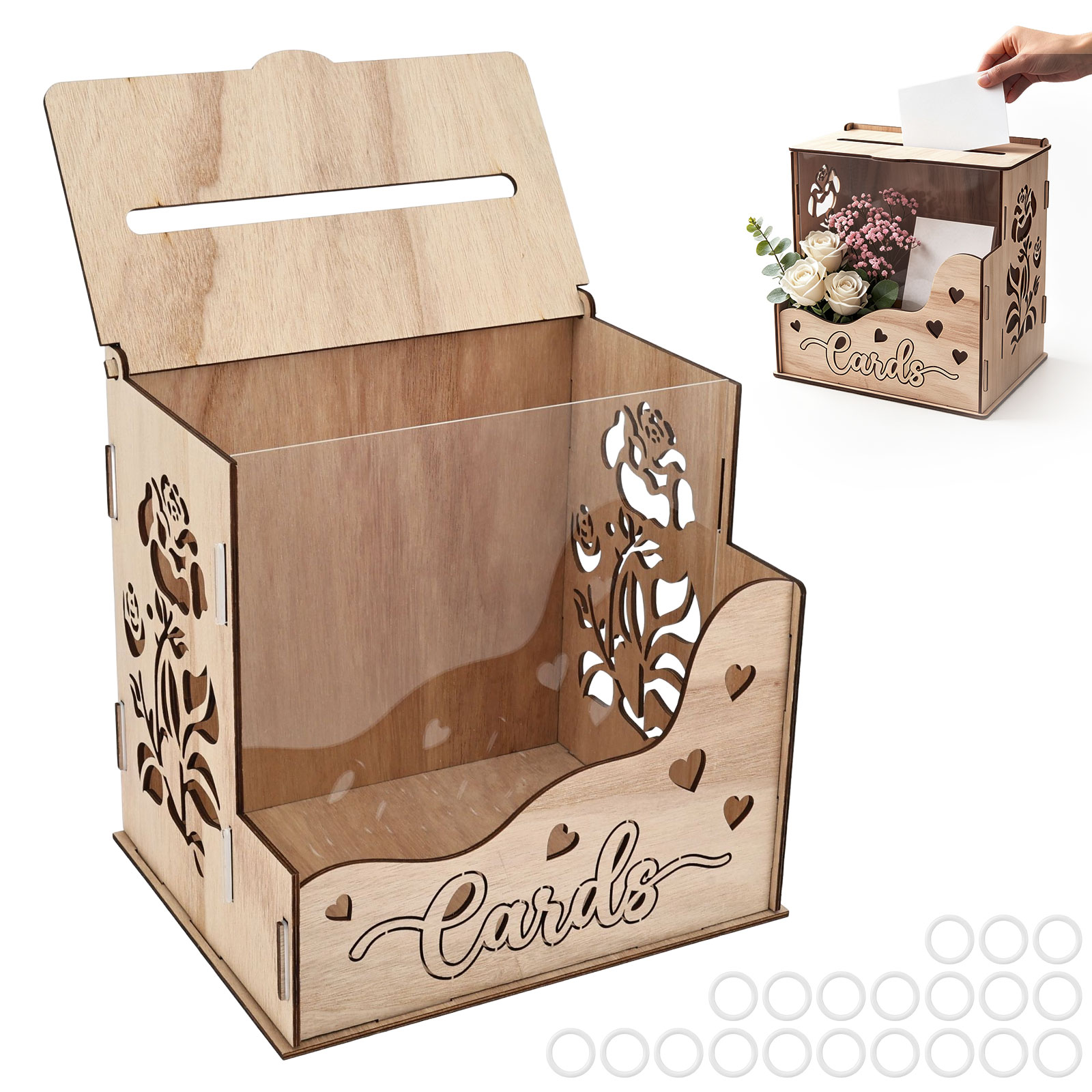 Wedding Card Box - กล่องใส่การ์ดงานเลี้ยงทำจากไม้ พร้อมหน้าต่างอะคริลิกและรางใส่ดอกไม้ สำหรับงานแต่งงาน งานวันเกิด งานเลี้ยง กล่องเก็บการ์ดเชิญ