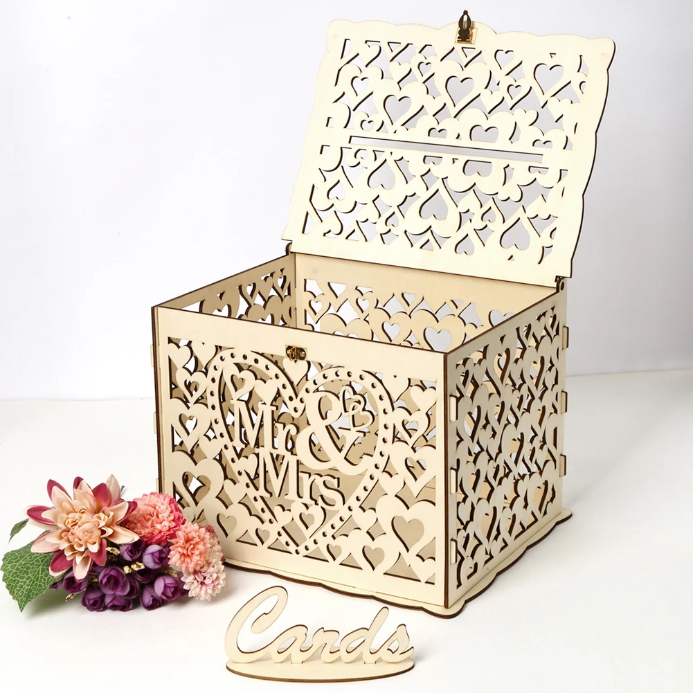 Wedding Card Box - กล่องไม้ใส่การ์ดงานแต่งงานไม้อุปกรณ์ของตกแต่งงานแต่งงานงานประดิษฐ์ทำมือ MR & MRS ดอกไม้คู่การ์ดซองจดหมายลายกล่องไม้