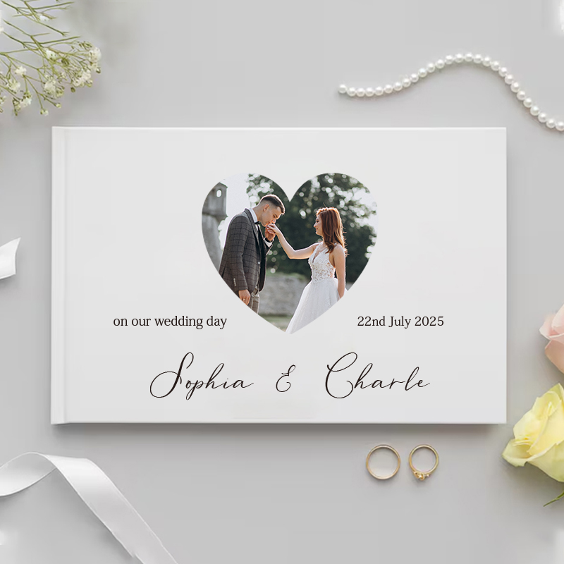 Personalized Guest Book - สมุดเยี่ยมส่วนบุคคลสําหรับงานแต่งงานของขวัญสีขาว Noble ข้อความอัลบั้มรูป Simple Elegant แนวนอน